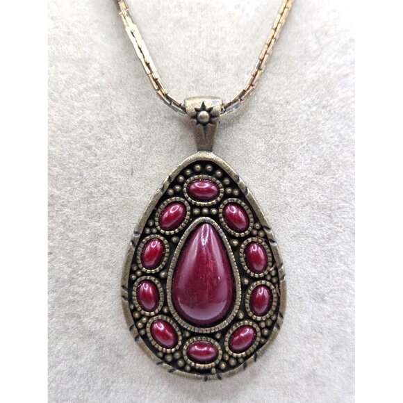 Robert Rose Burgundy Red Cabochon Stone Teardrop Shape  Pendant - Picture 1 of 3
